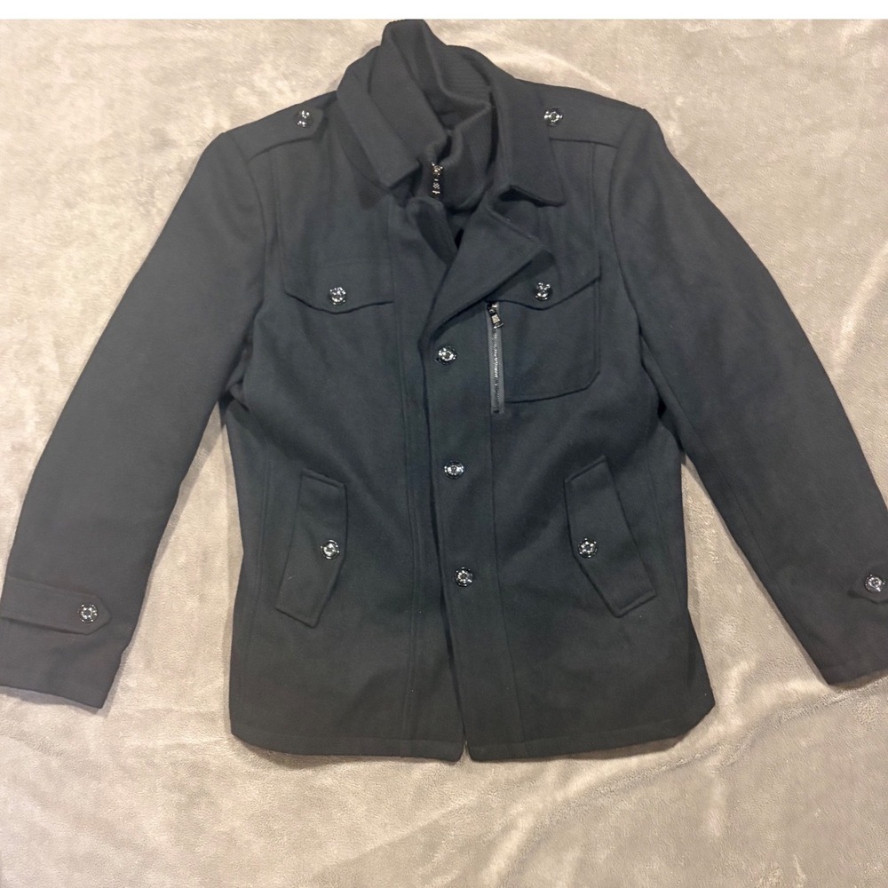 Chouyatou Large Mens Wool Blend Pea Coat Black Removable Bib Jacket QM1151 L